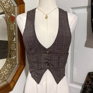 VTG Y2K Copper Key Brown & Grey Plaid Striped Button Down Cropped Vest Top